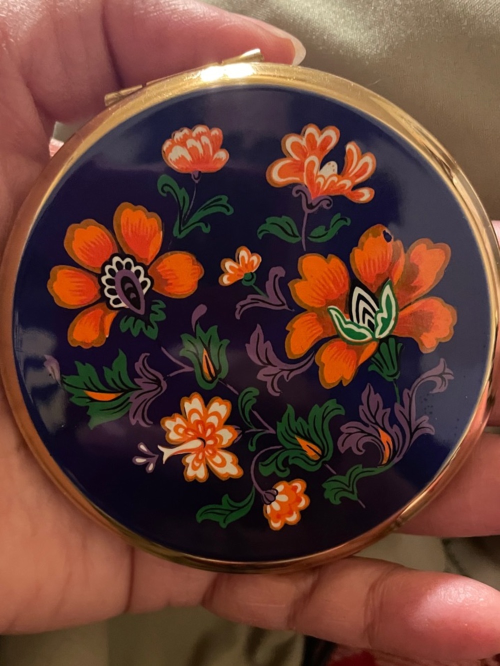 Vintage Decorative Floral Compact Mirror – Navy with Orange Floral Design
